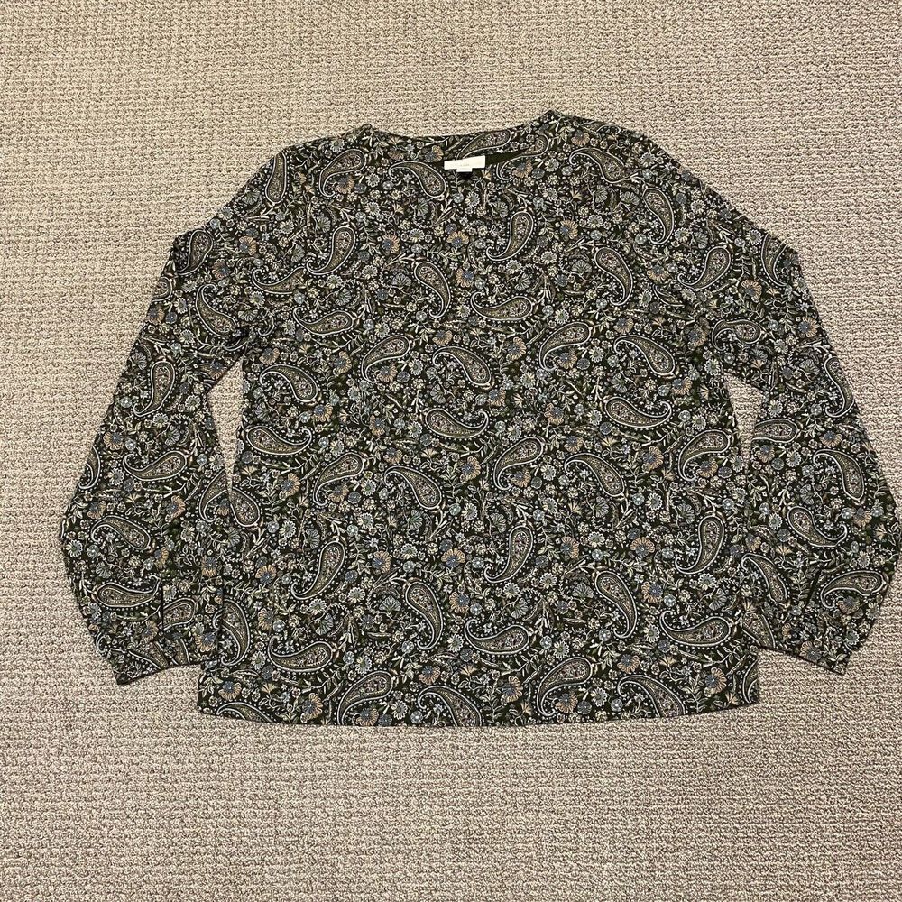 J Jill Top Womens M Green Paisley Long Sleeve Button Size Medium